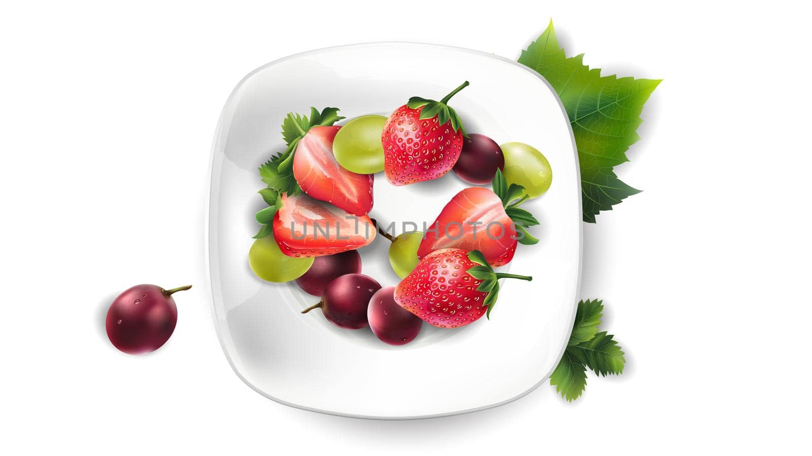 Strawberry and grapes on a white plate and green leaves.