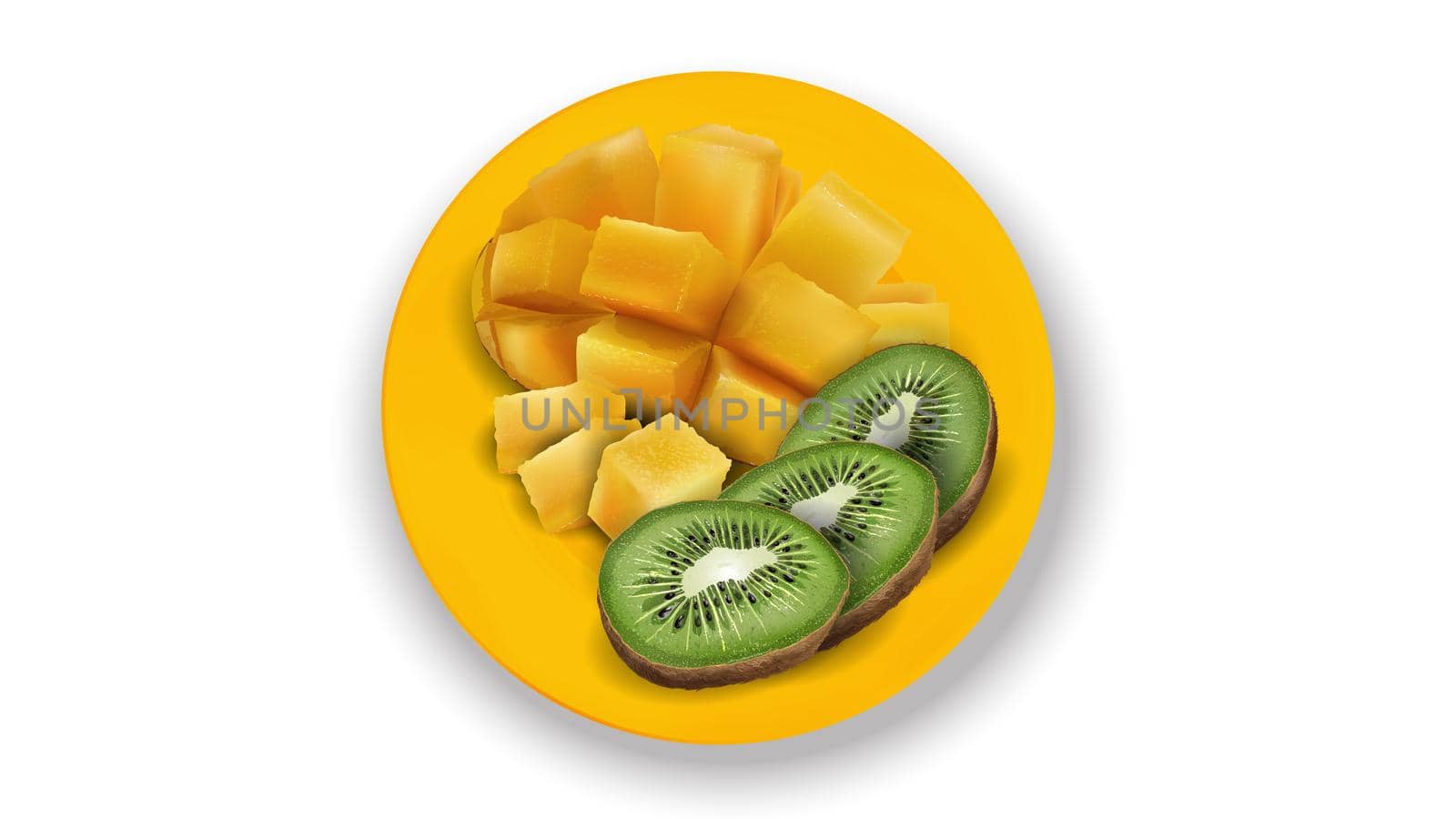 Sliced exotic fruits are served on a yellow dish.