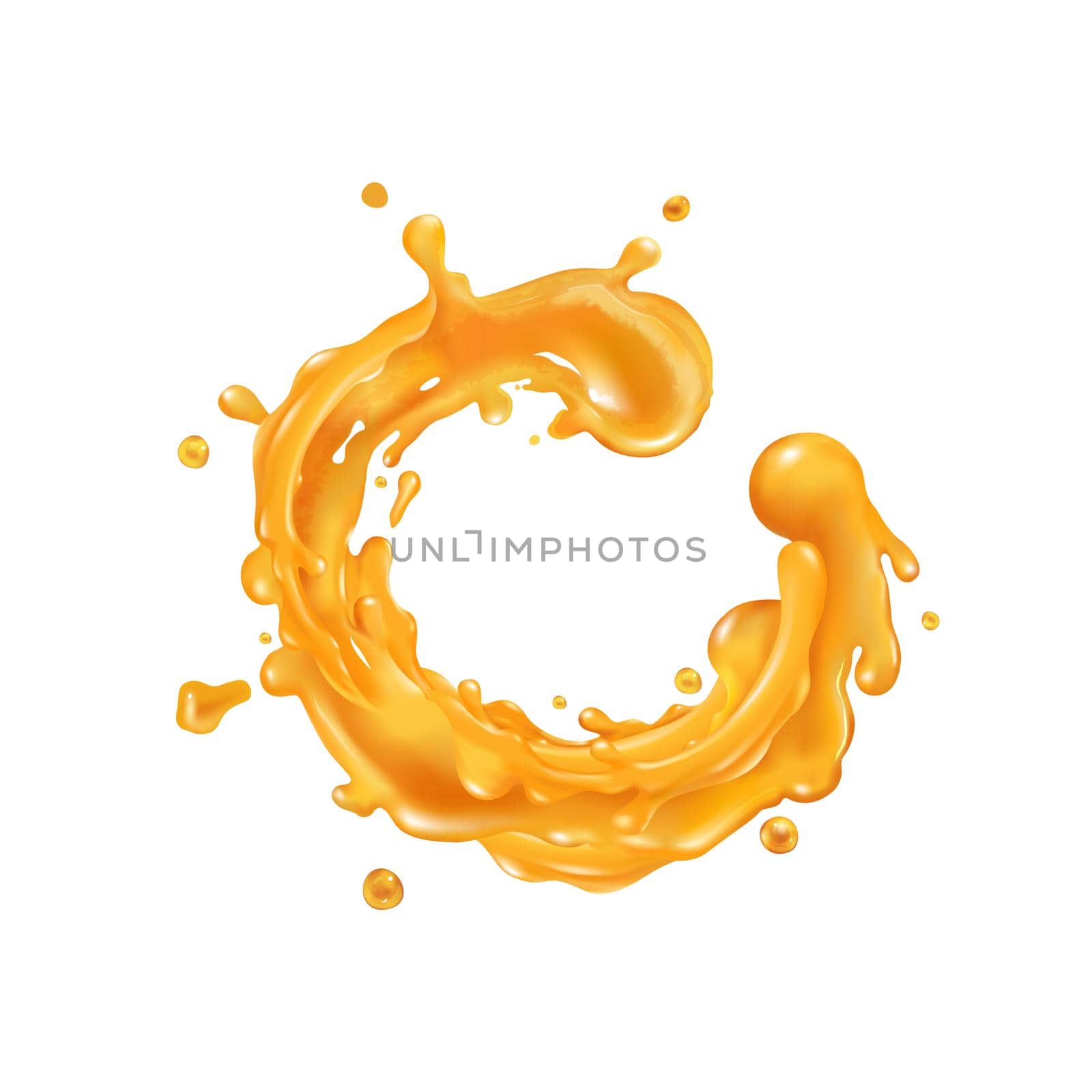 Orange juice dynamic splash. Illustration in realistic style.
