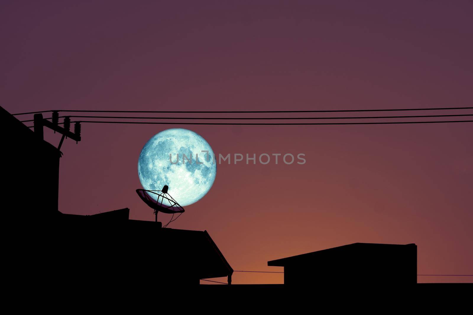 Blue moon back silhouette satellite dish on night sky, Elements of this image furnished by NASA