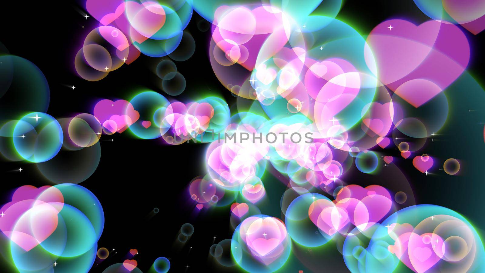 pink hearts aqua bubbles with dancing hearts floating on black screen with white star theme valentine day and love concept