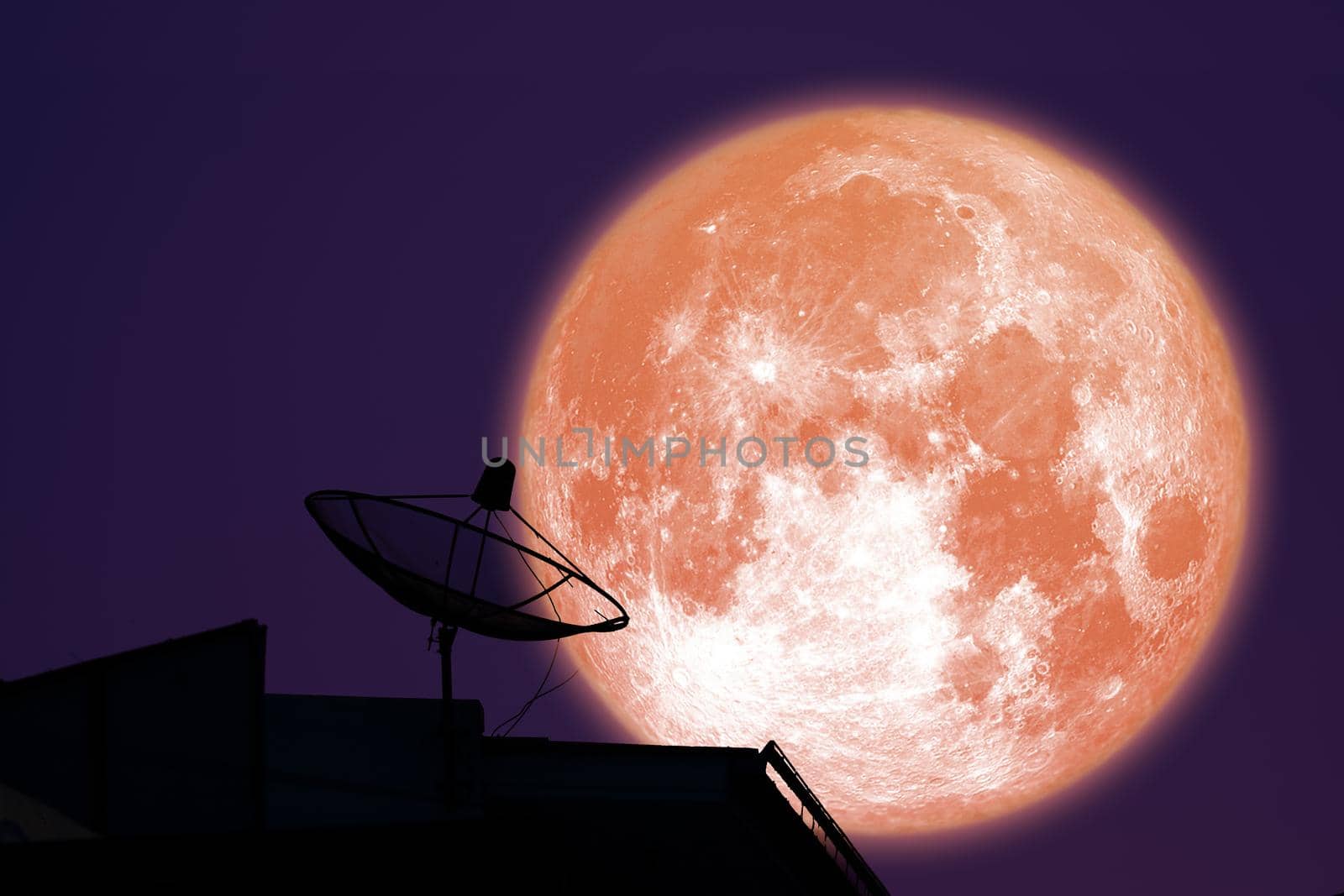 super full harvest blood moon on night sky back satellite dish on the roof, Elements of this image furnished by NASA