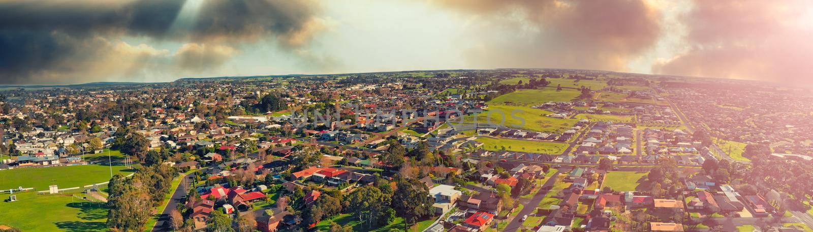 Panoramic aerial view of Mt Gambier skyline on a beautiful day, Australia.