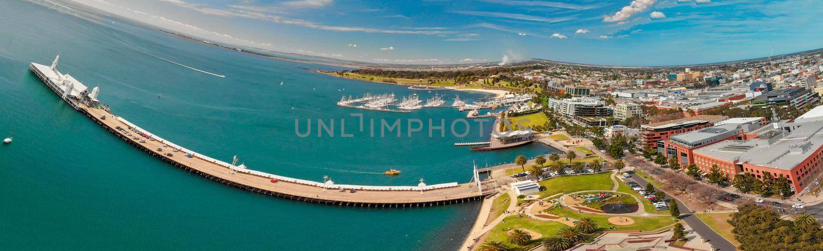 Panoramic aerial view of Geelong coastline in Victoria, Australia.