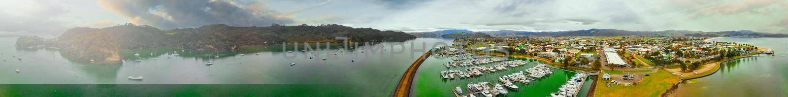 Panoramic aerial view of Whitianga and Mercury Bay, New Zealand North Island.