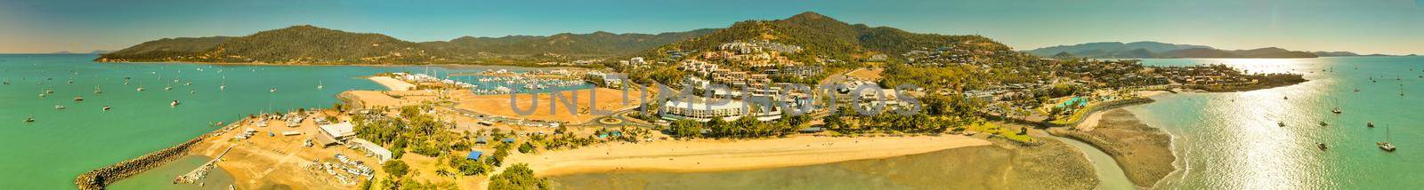 Panoramic aerial view of Airlie Beach on a beautiful sunny day, Australia