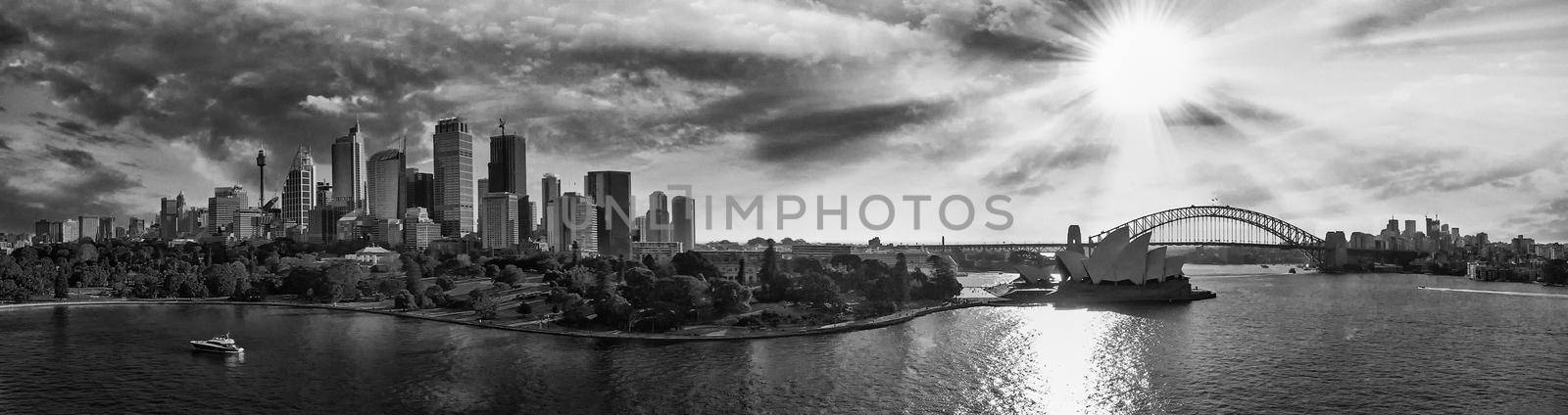 Panoramic aerial view of Sydney from Sydney Harbour Bay.