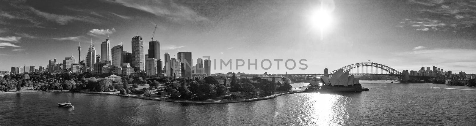 Panoramic aerial view of Sydney from Sydney Harbour Bay.