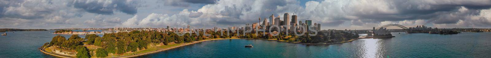 Panoramic aerial view of Sydney from Sydney Harbour Bay.