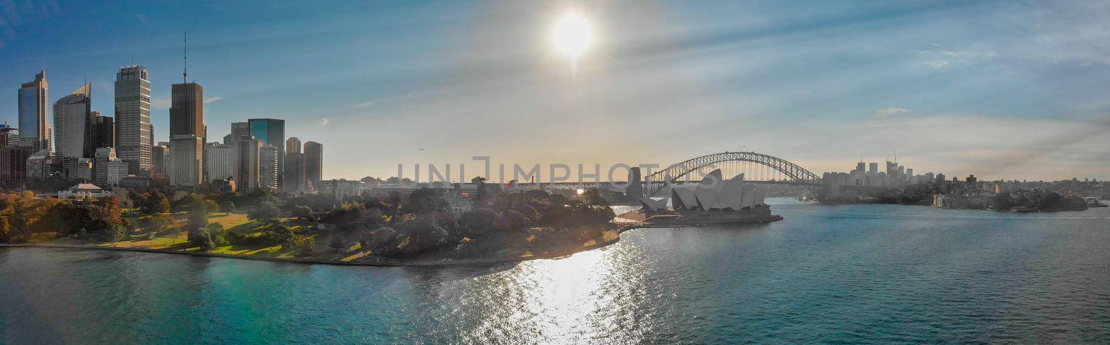 Panoramic aerial view of Sydney from Sydney Harbour Bay.