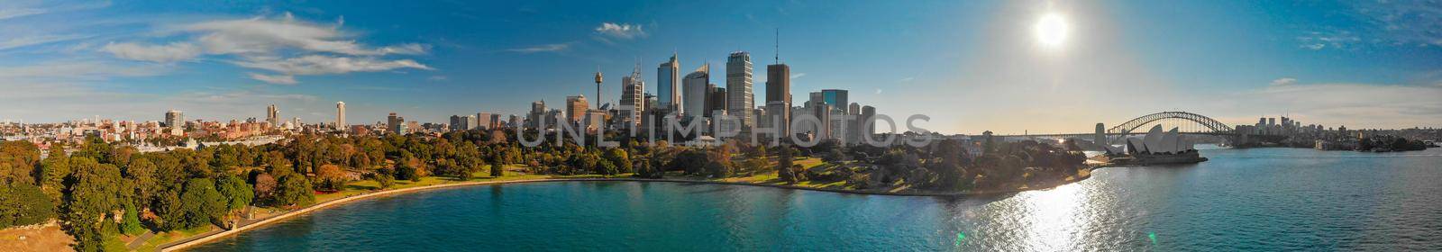 Panoramic aerial view of Sydney from Sydney Harbour Bay.