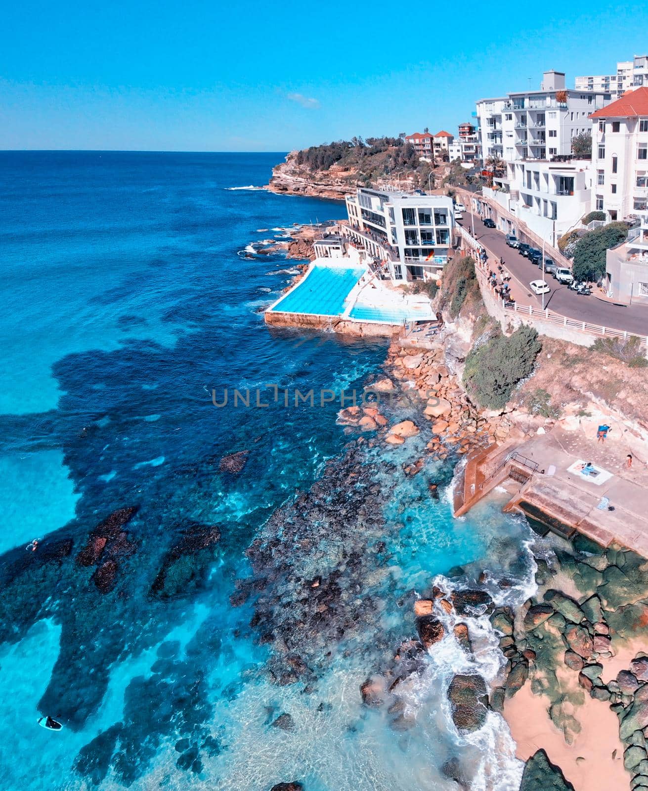 Aerial panoramic view of Bondi Beach pools from drone, Sydney