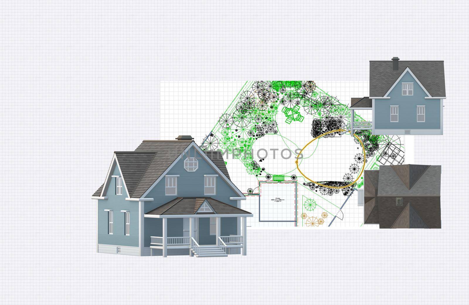 landscape and garden design sketch with garden drawing, house models. 3D rendering. Mock up for design project on white background