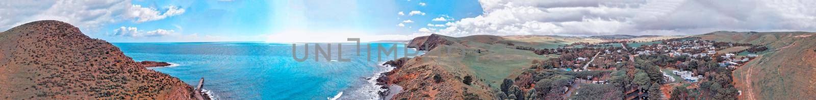 Panoramic aerial view of Second Valley coastline in South Australia.