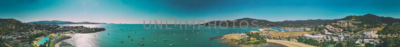 Panoramic aerial view of Airlie Beach on a beautiful sunny day, Australia