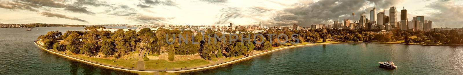 Panoramic aerial view of Sydney from Sydney Harbour Bay.