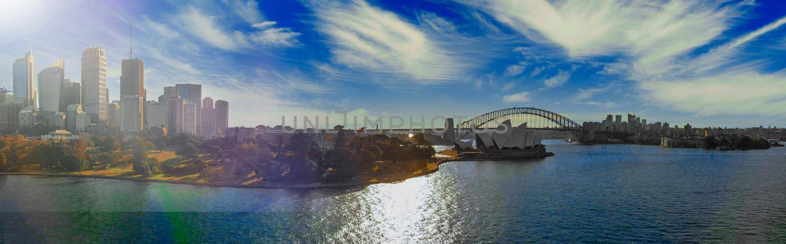 Panoramic aerial view of Sydney from Sydney Harbour Bay.