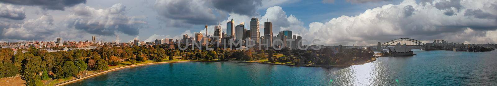 Panoramic aerial view of Sydney from Sydney Harbour Bay.