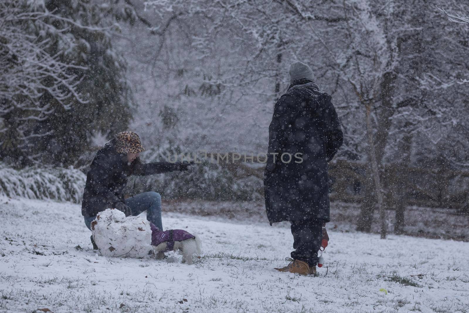 Madrid, Spain - January 07, 2021: People enjoying a walk through the Buen Retiro park in Madrid, in the middle of a snowy day, due to a wave of polar cold.