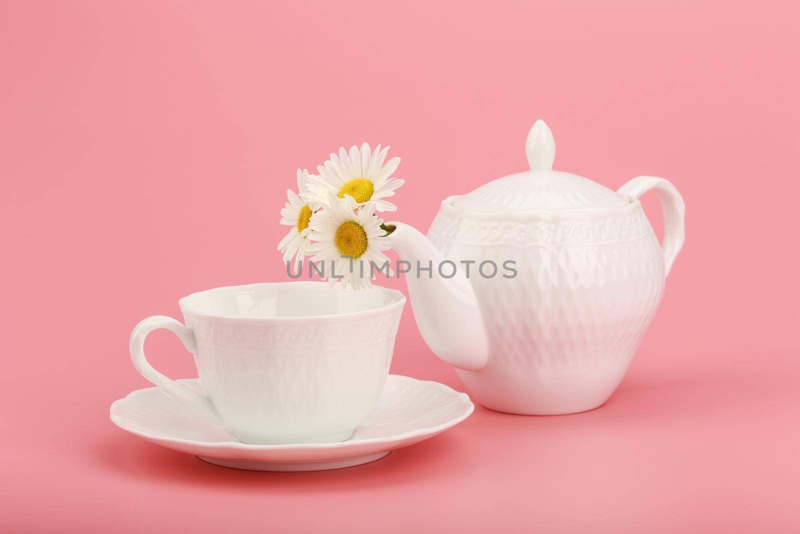 White tea pot with camomile flowers and tea cup on pink background. Concept of herbal tea and healthy lifestyle by Senorina_Irina