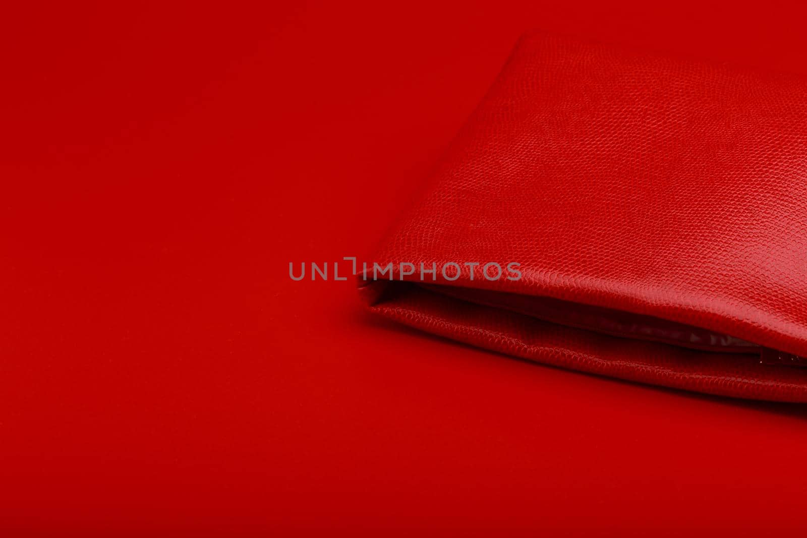 Red bag on red background with space for text. Concept of fashion or consumerism.