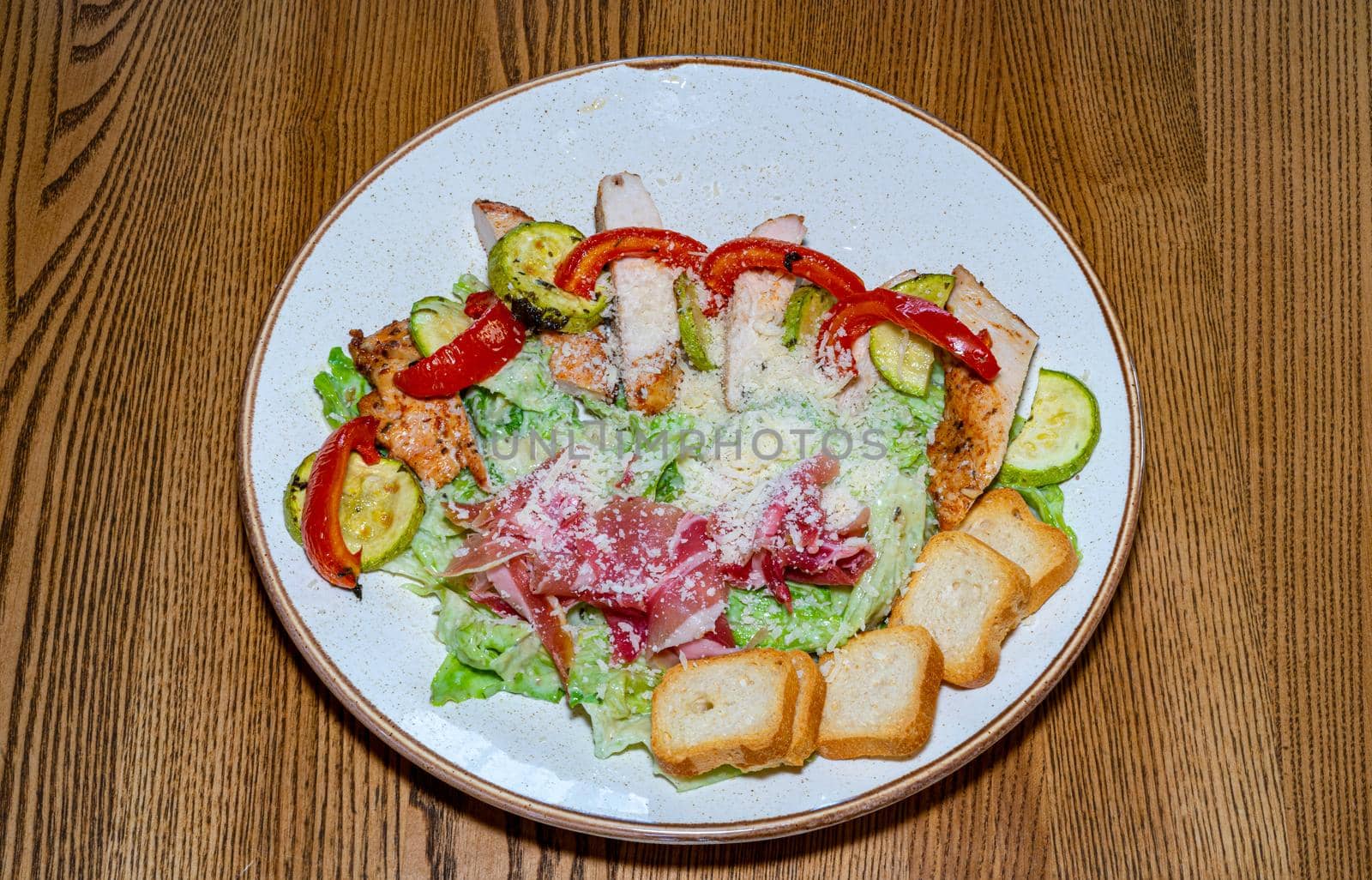 Delicious and healthy salad with meat and fresh vegetables