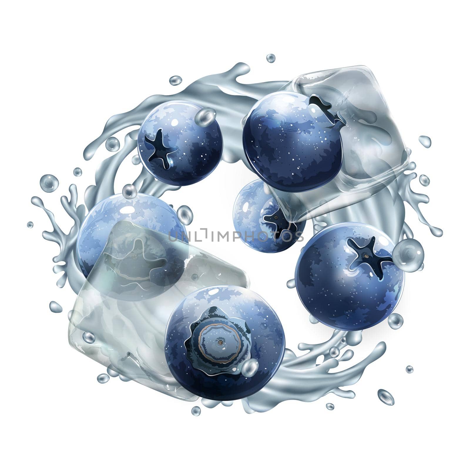 Composition with fresh blueberries and ice cubes on a white background. Realistic style illustration.