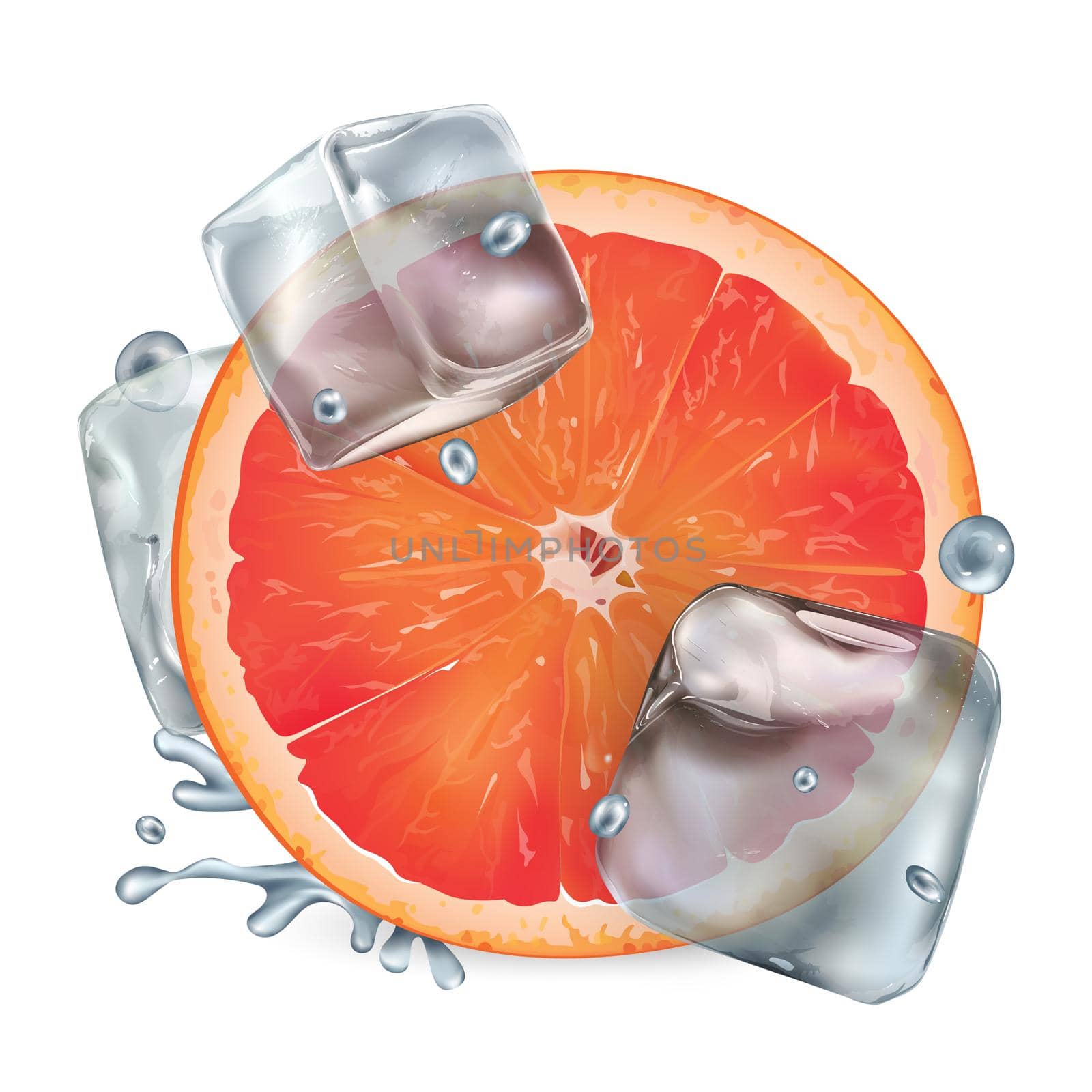 Half a grapefruit with ice cubes and water droplets by ConceptCafe