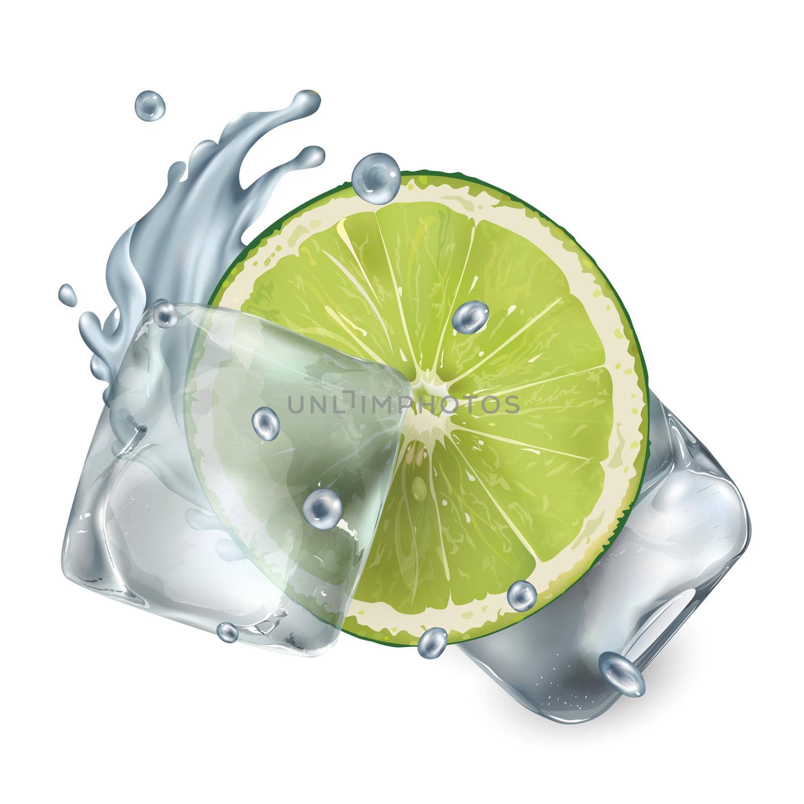 Composition with fresh lime and ice cubes on a white background. Realistic style illustration.