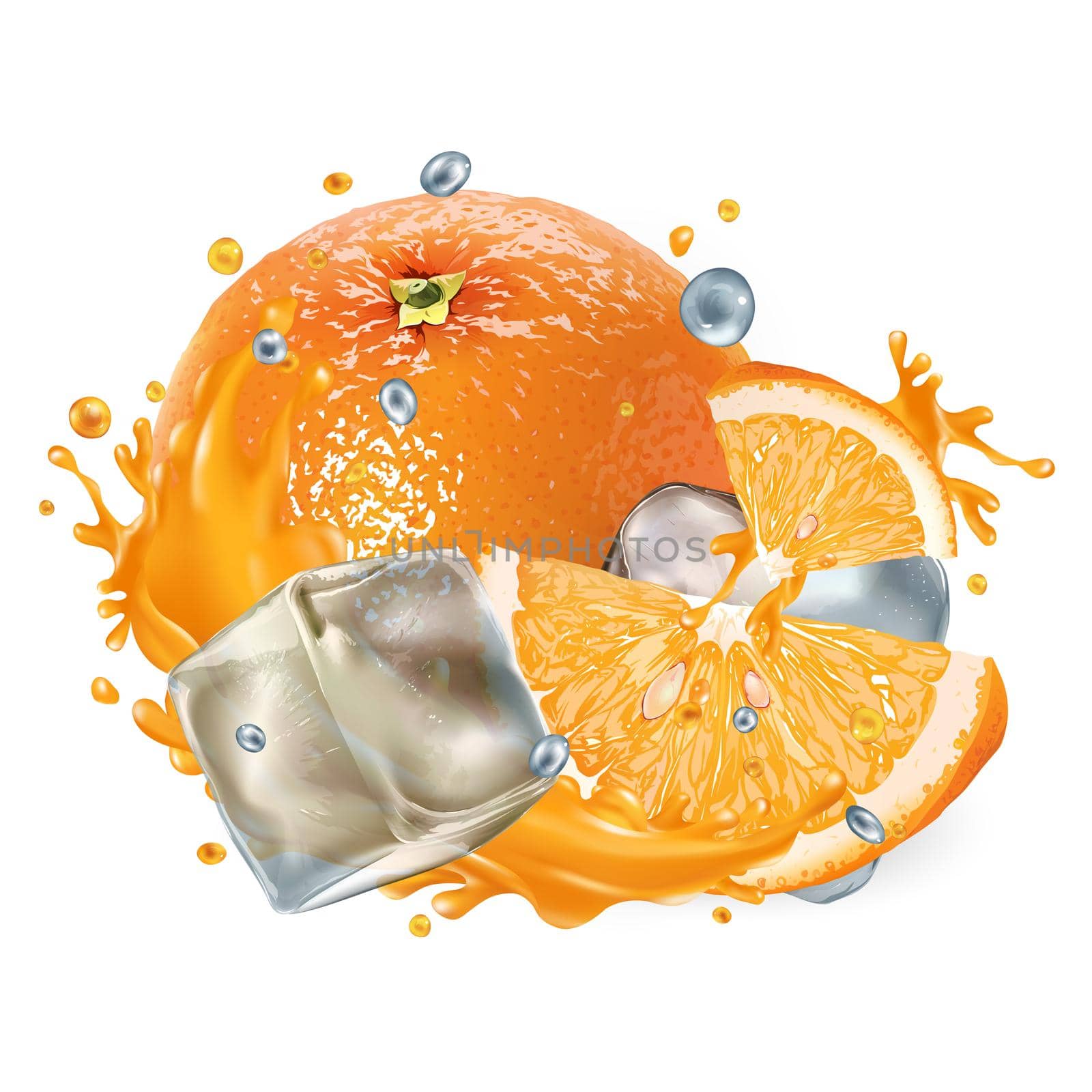 Whole and sliced orange with ice cubes and a splash of juice by ConceptCafe