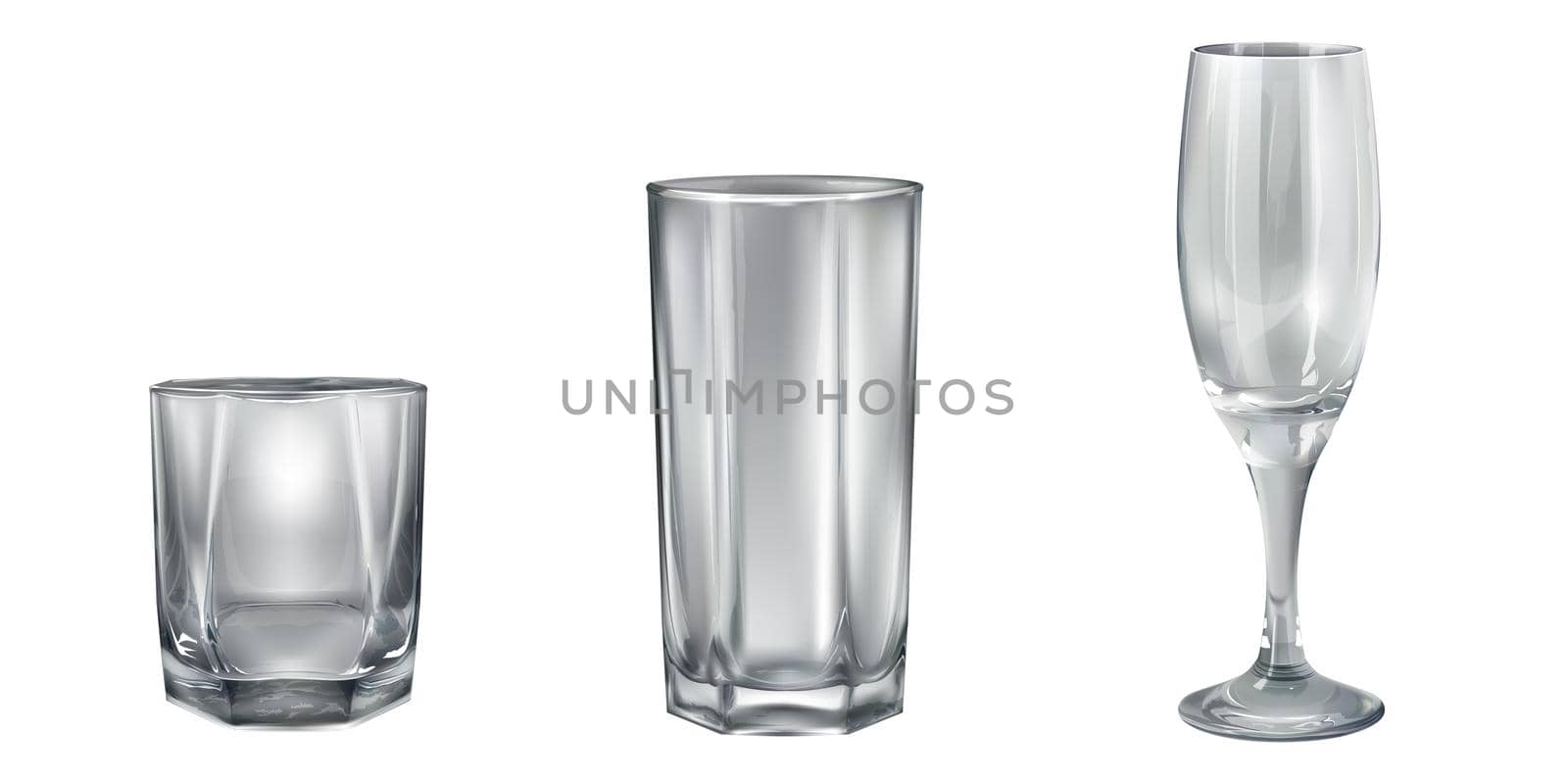 Empty glasses and a goblet for different bar drinks in a realistic style.