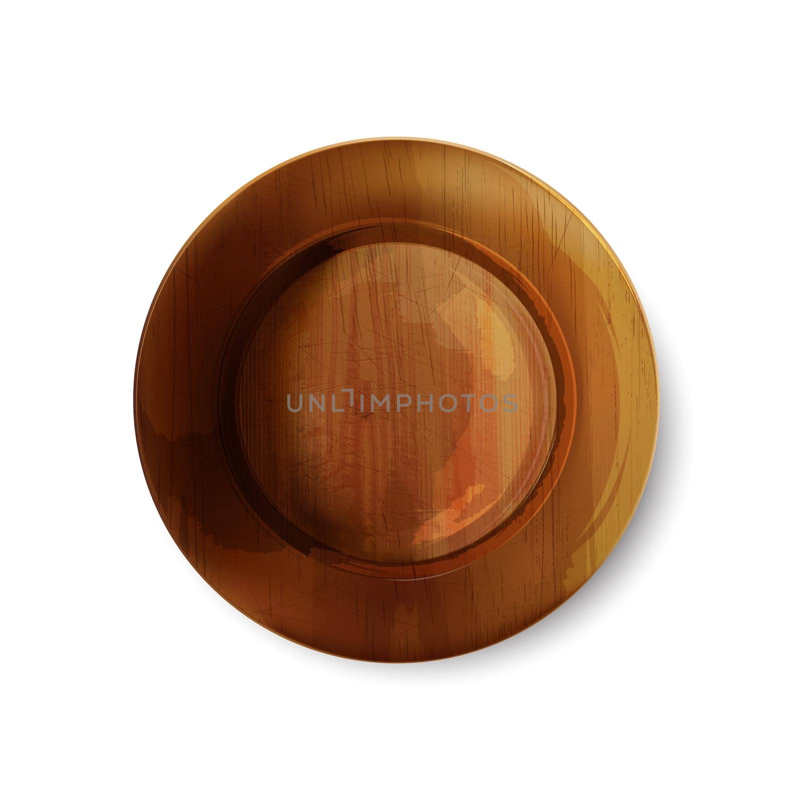Empty wooden plate with scratches in a realistic style on a white background. Top view.