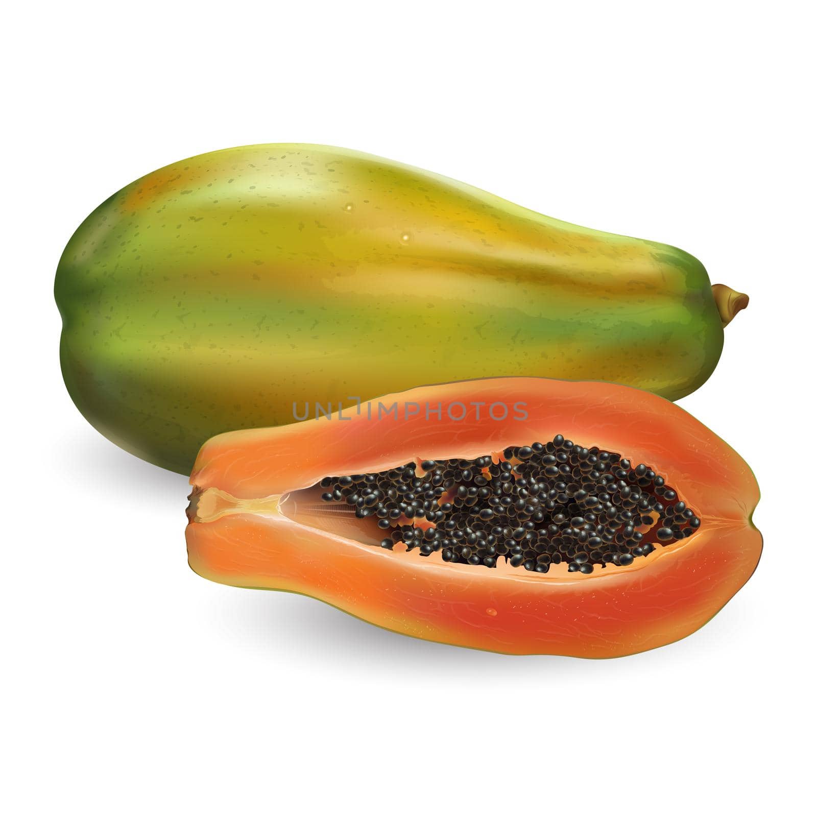 Whole and half papaya on a white background. by ConceptCafe