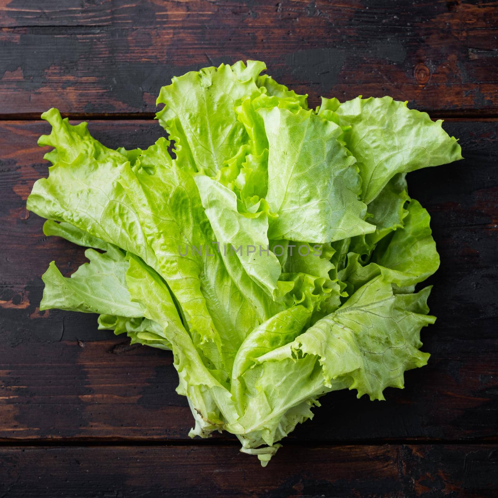 Fesh green lettuce salad leaves, on dark wooden background by Ilianesolenyi