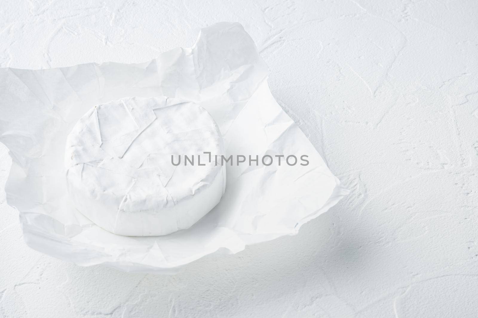 French soft camembert of normandy cheese set, on white background