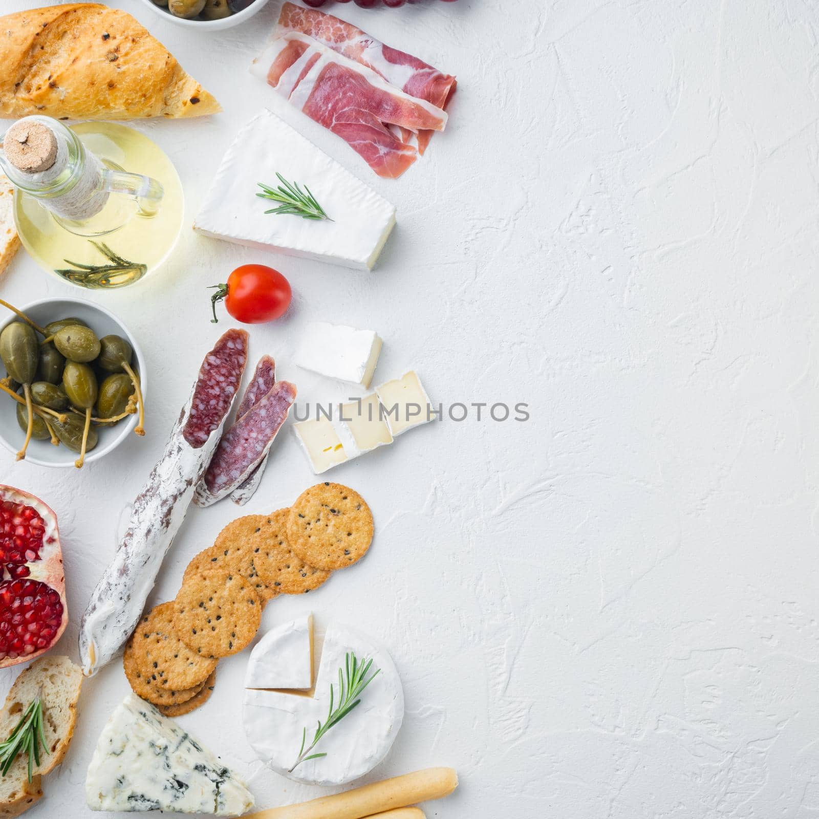 Ingredients for Italian food, meat cheede, herbs, on white background, top view with copy space for text by Ilianesolenyi