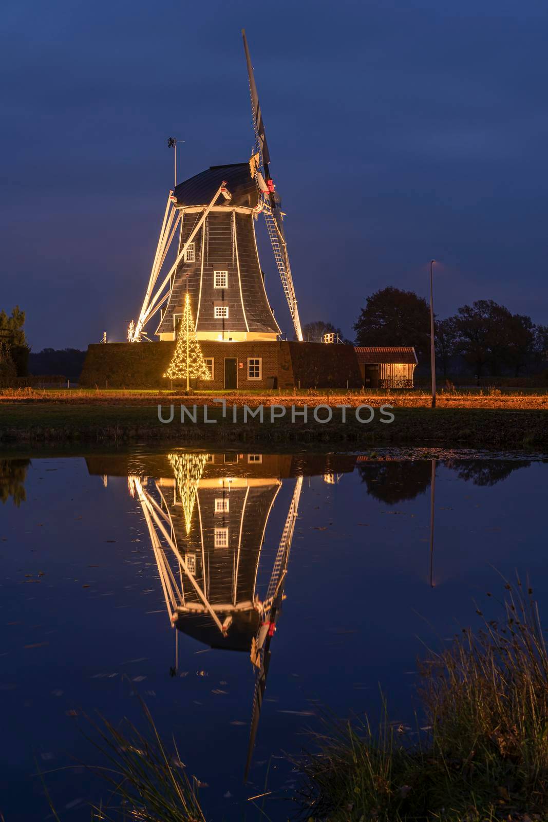 Bataaf windmill in Winterswijk in the Achterhoek in the Netherlands with a Christmas tree and reflection in the pond in front
