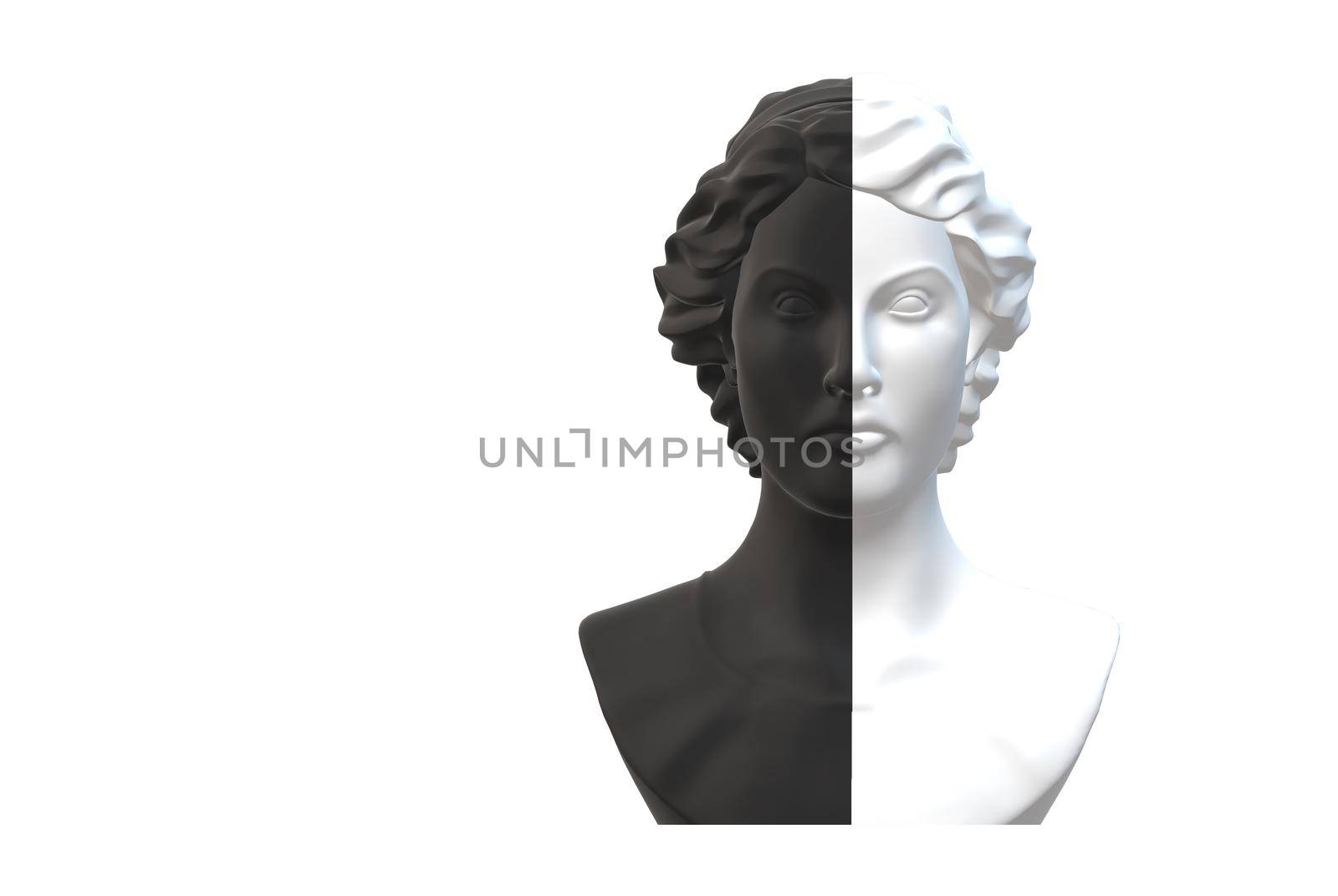 bipolar split personality concept. Bust of female in two colours black and white on white background. 3D render