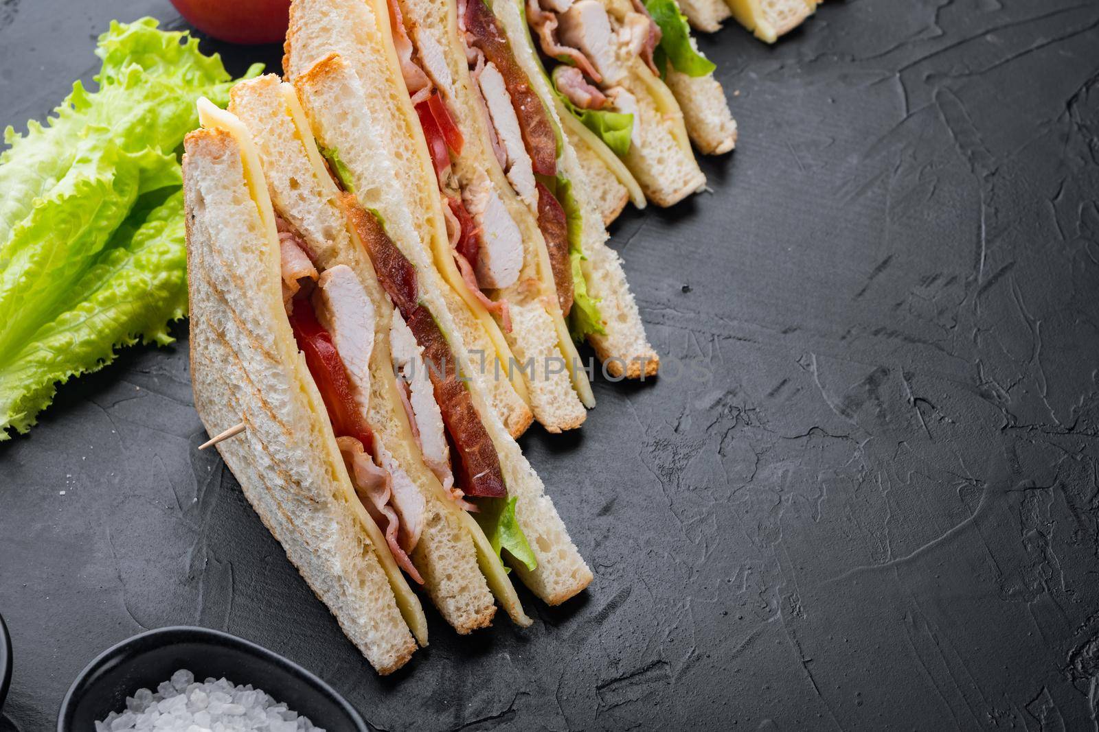 Homemade turkey club sandwich, on black background with copy space for text