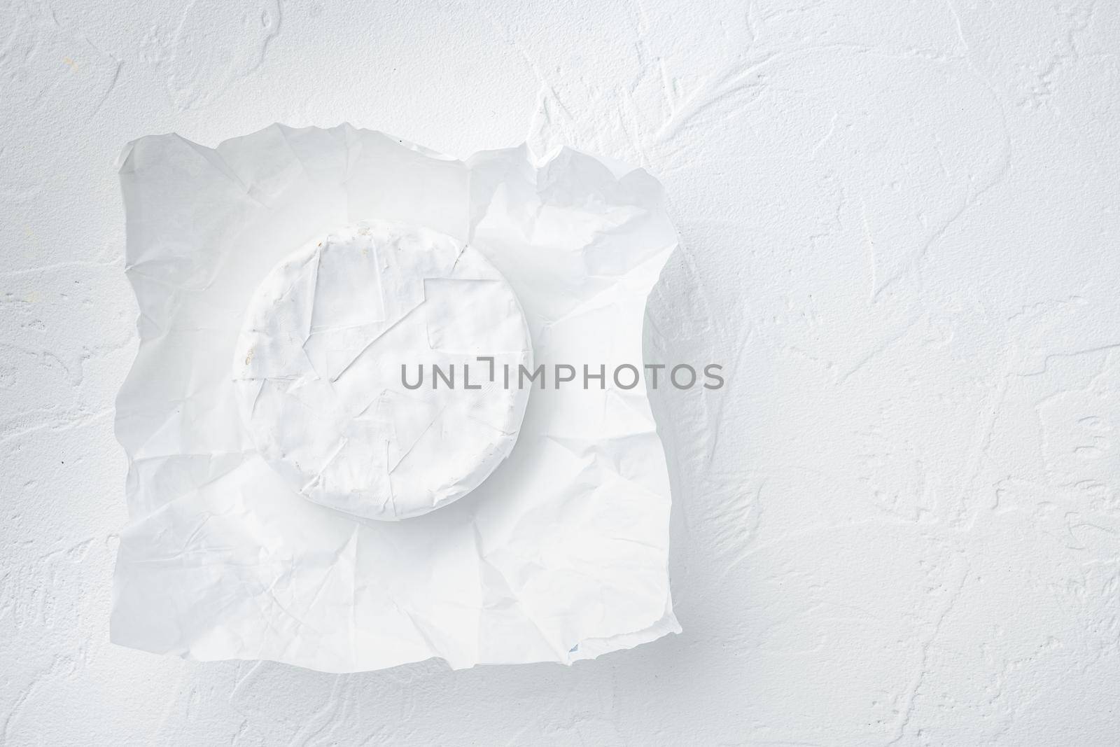 Farm cheese camembert set, on white background, top view with copy space for text