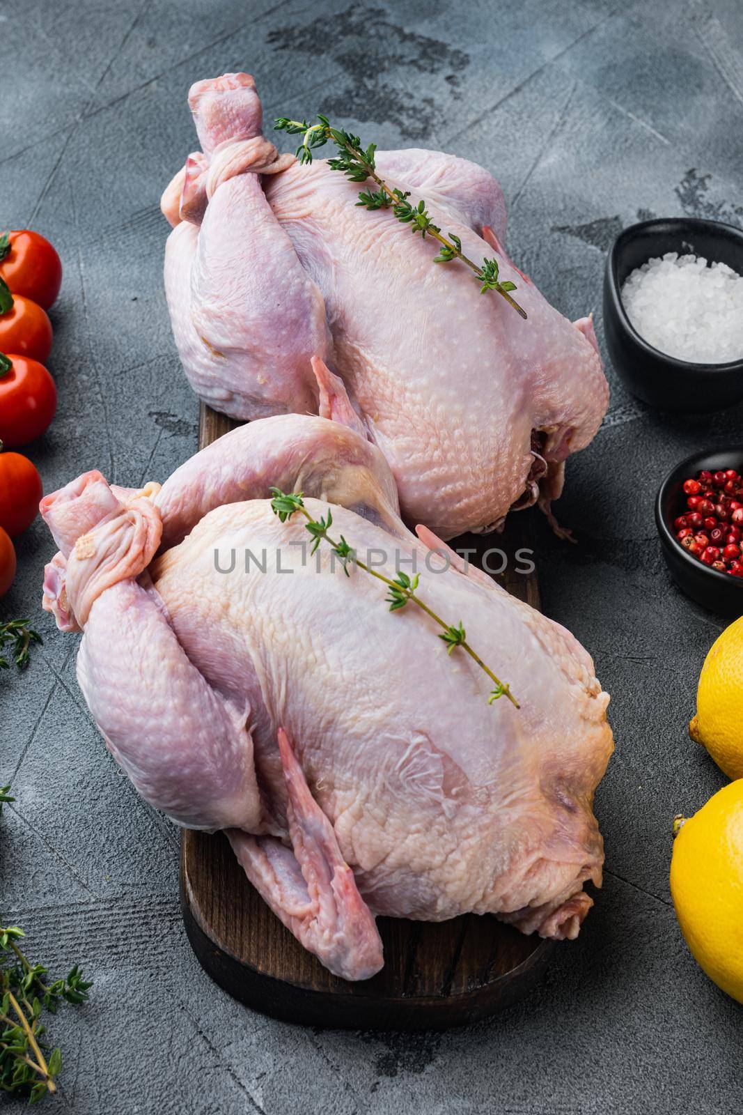 Fresh whole poult meat with herbs and ingredients, on gray background