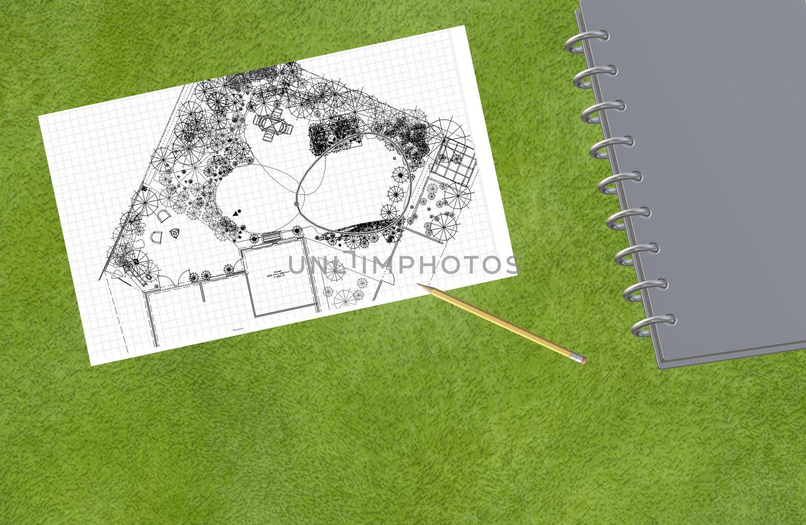 Landscape garden sketch with pencil, notepad on a green lawn background. 3d render