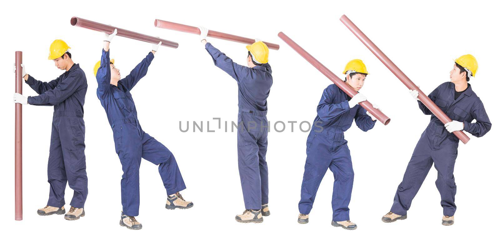 Set of Plumber in uniform holding pvc pipe by stoonn