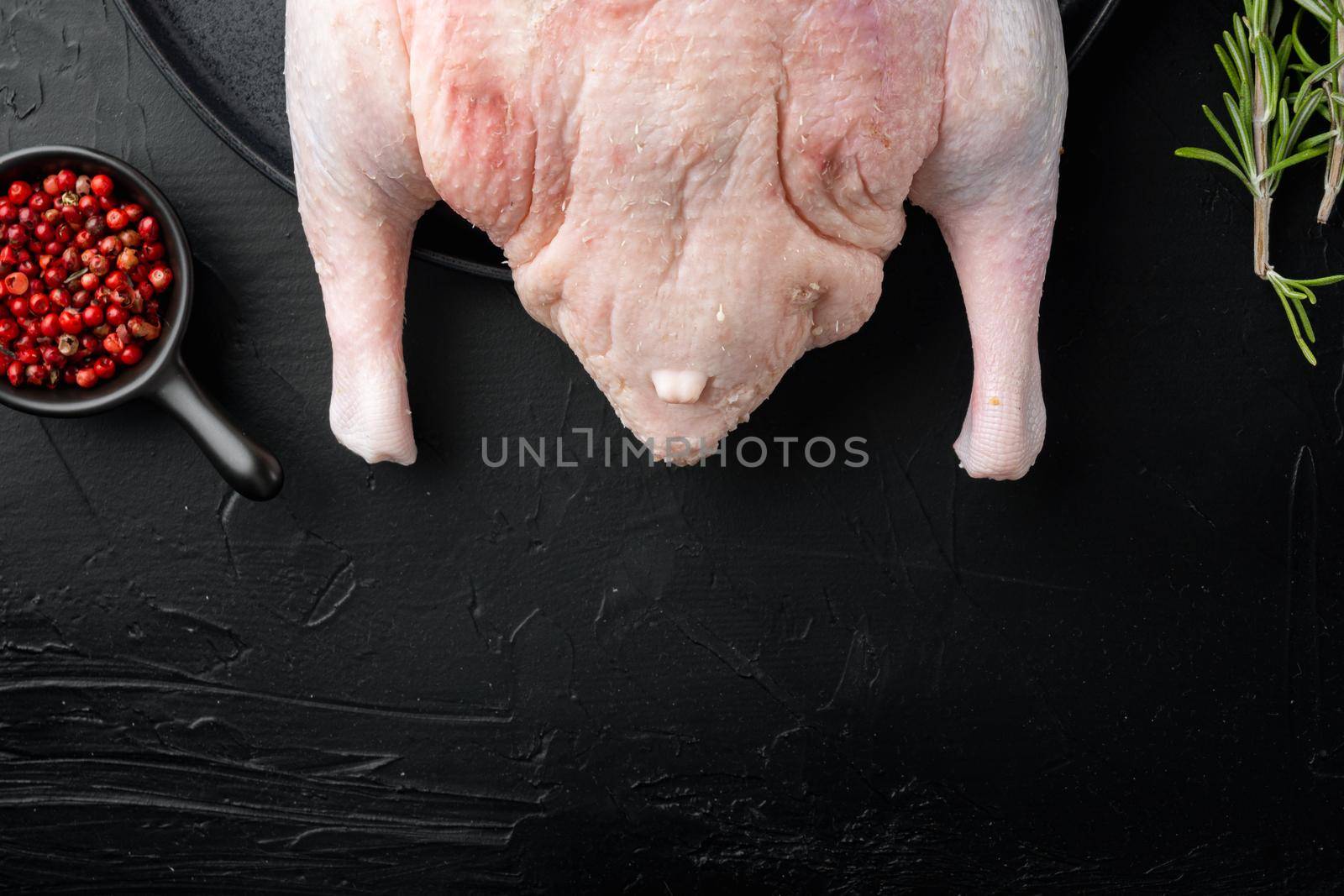 Recipe for cooking whole duck on black background, flat lay, with space for text.