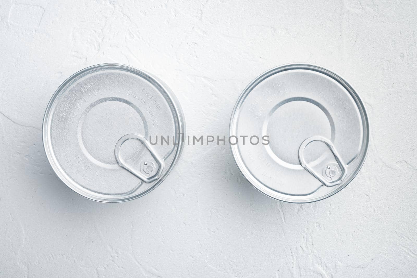 Canned dip tin can, on white background, top view or flat lay