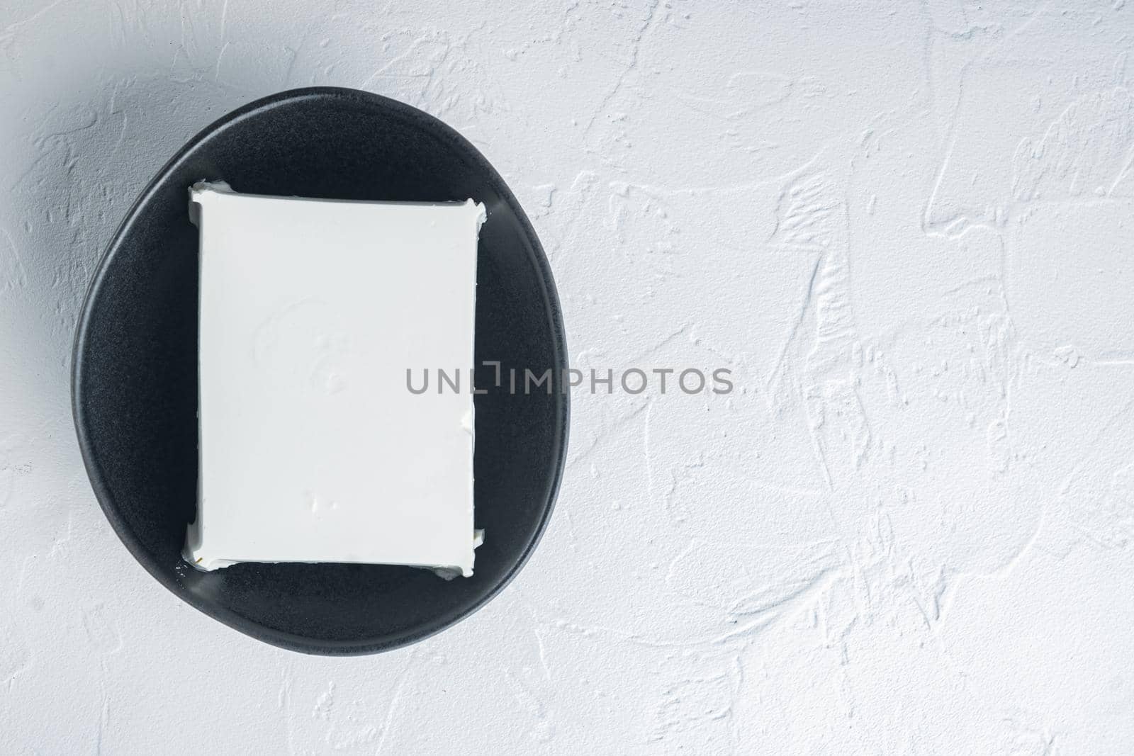 Homemade greek cheese feta set, on white background, flat lay with copy space for text
