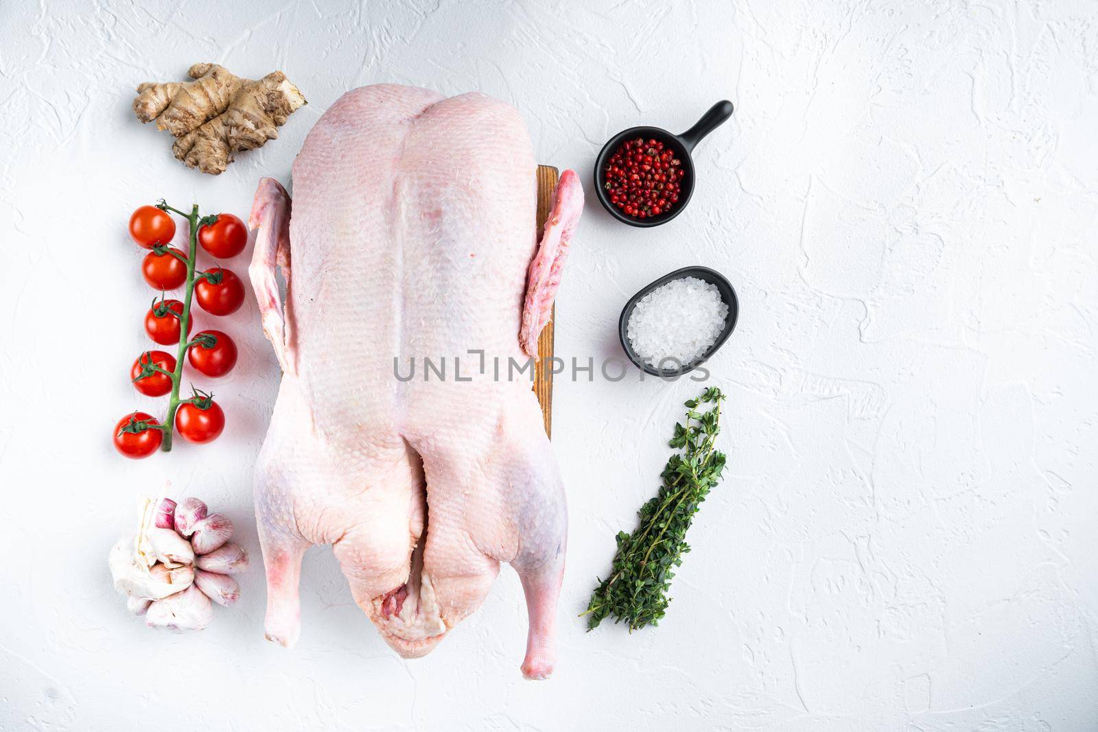 Whole raw duck meat on white background, top view.