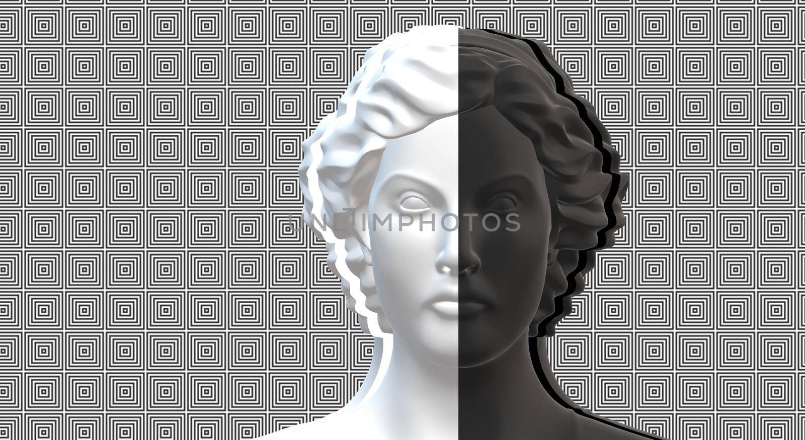 Split personality concept, mental illness, stress. Bust of female in two colours black and white on abstract background. 3D render