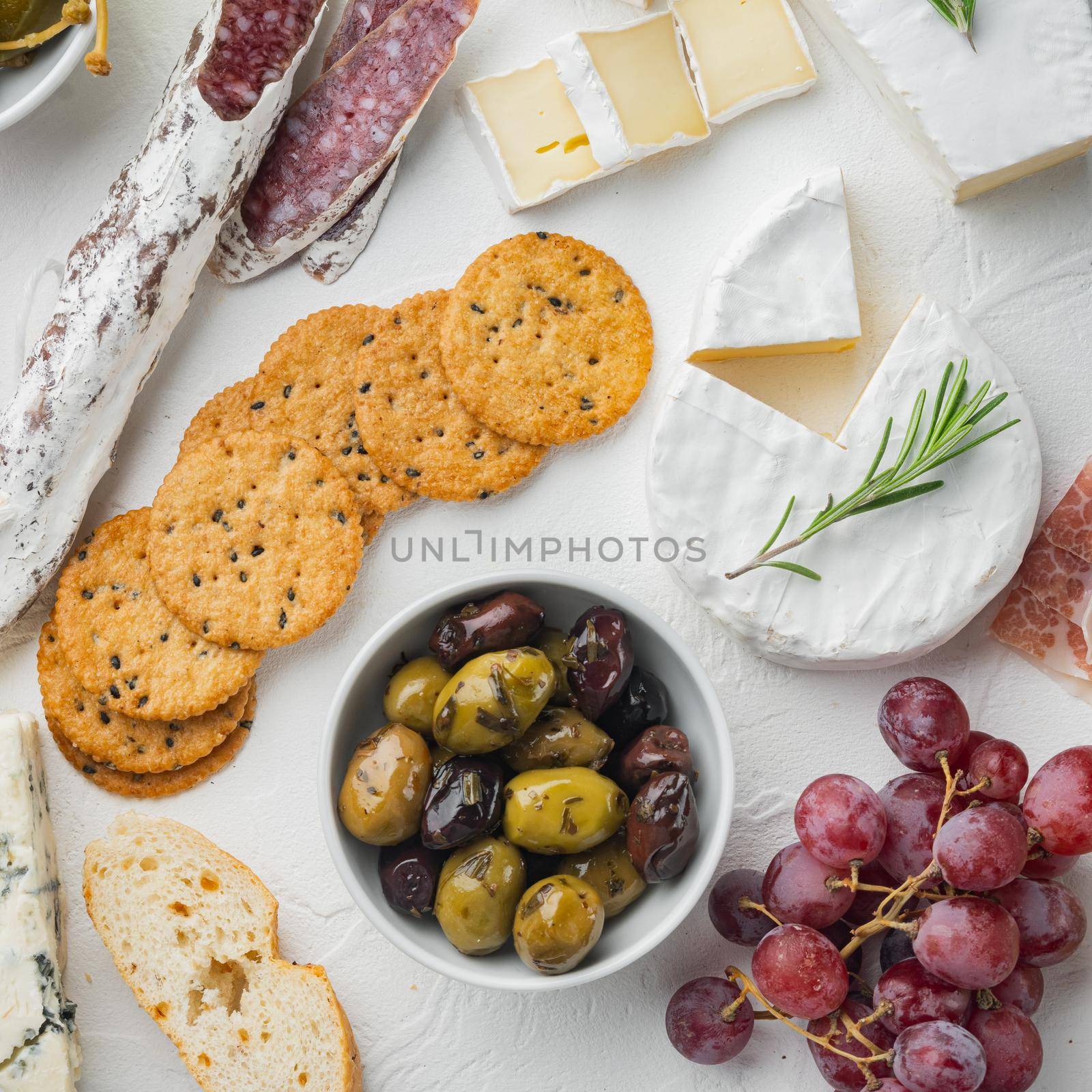 Greek olives fresh, on white background, top view