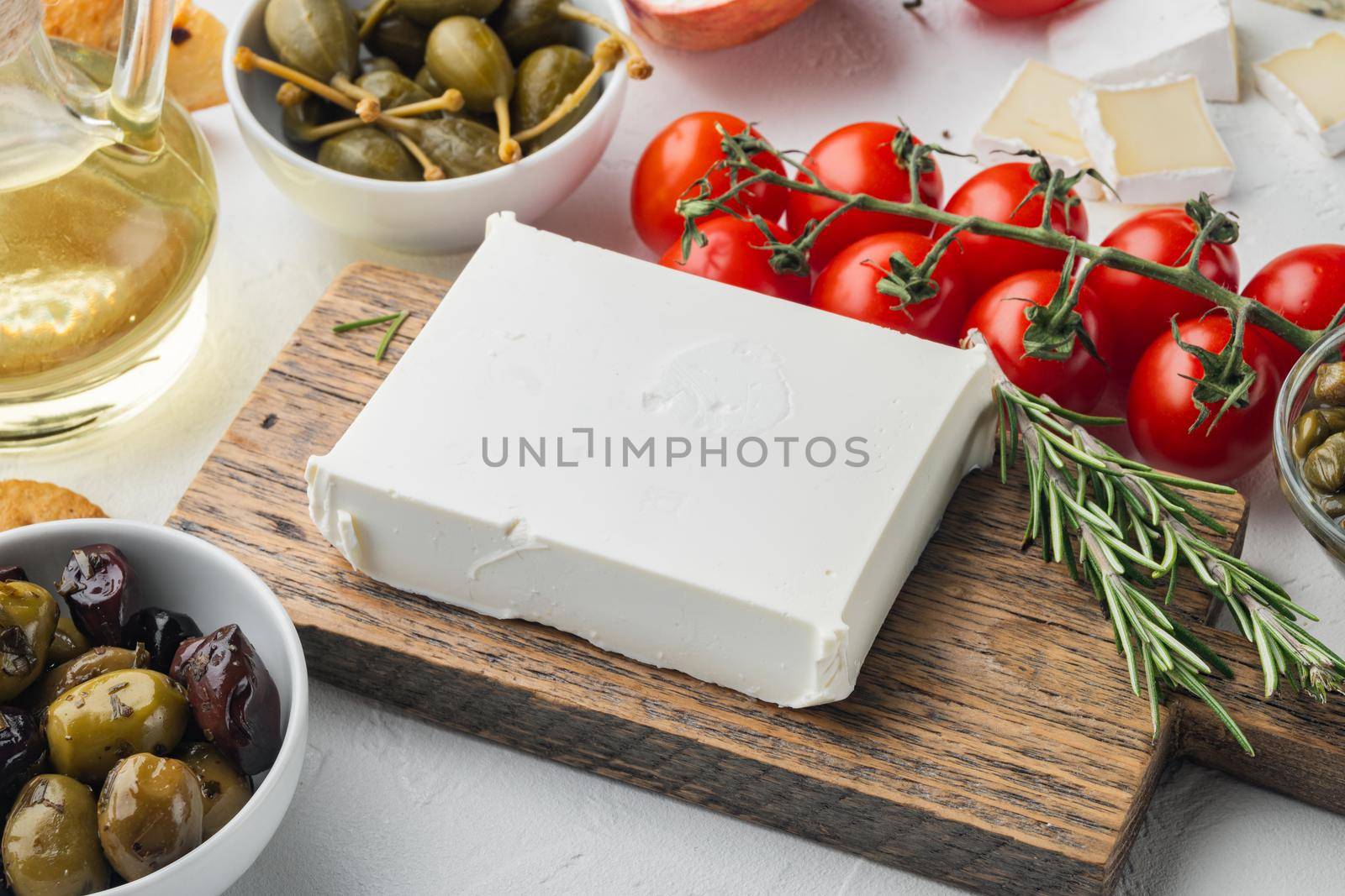 Traditional greek feta cheese set, on white background